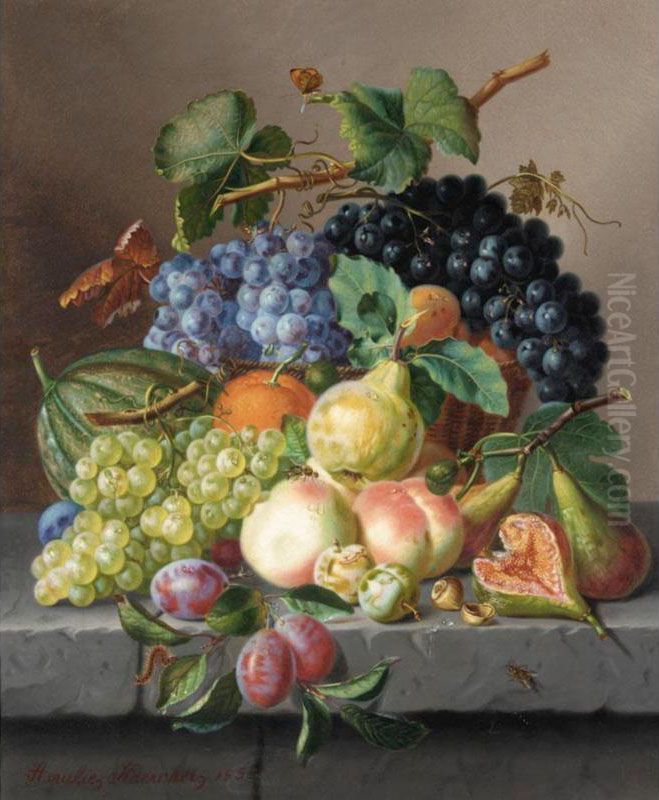 Grapes And Other Fruit On A Ledge Oil Painting by Amalie Kaercher