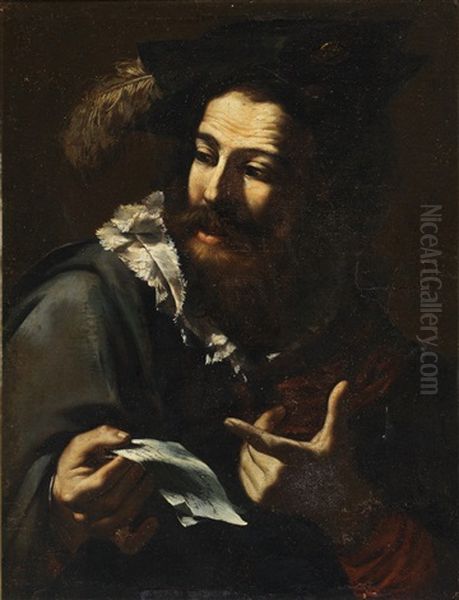 Portrait Of Man In A Plumed Hat Holding A Letter Oil Painting by Michaelangelo Merisi Da Caravaggio