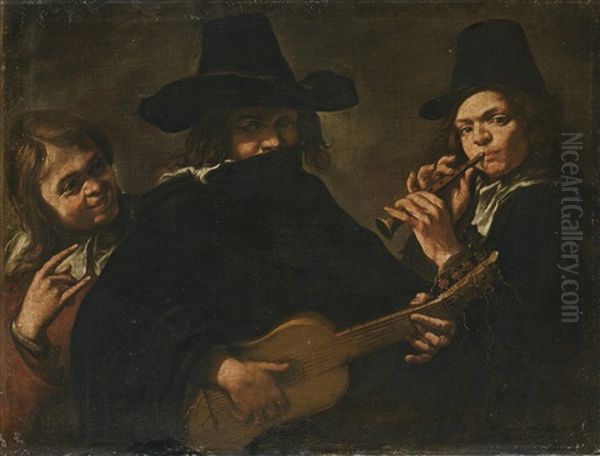 Two Musicians, Playing A Guitar And A Pipe, With Another Figure Oil Painting by Michaelangelo Merisi Da Caravaggio