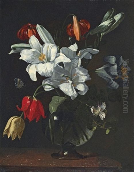 Lilies, Tulips And Other Flowers, In A Glass Vase, On A Ledge Oil Painting by Michaelangelo Merisi Da Caravaggio