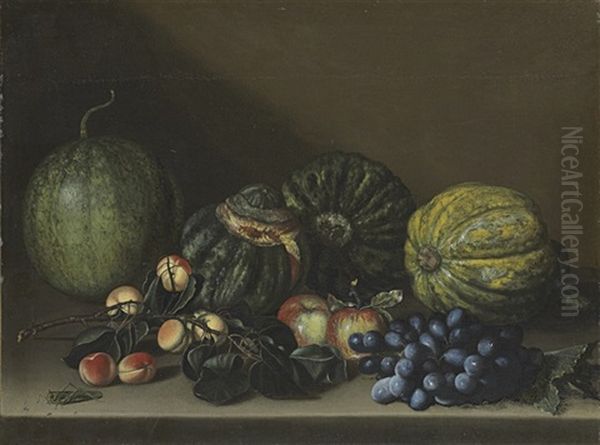 Melons, Apricots, Grapes And Apples On A Stone Ledge Oil Painting by Michaelangelo Merisi Da Caravaggio