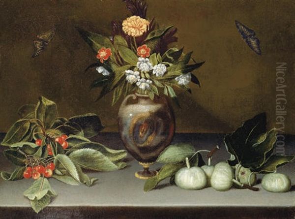 Narcissi And A Carnation In An Urn On A Stone Ledge With Cherries, Figs And Butterflies Oil Painting by Michaelangelo Merisi Da Caravaggio