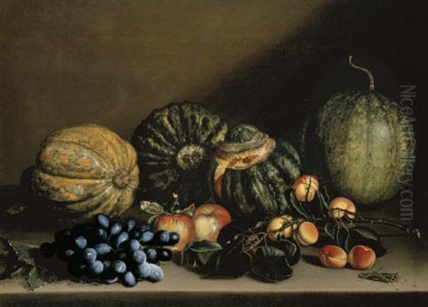 Melons, Apricots, Grapes And Apples On A Stone Ledge Oil Painting by Michaelangelo Merisi Da Caravaggio