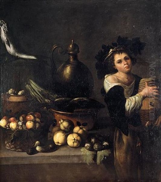 A Kitchen Still Life With A Servant Boy Holding A Cask Of Wine Beside A Table Laden With Fruit, Vegetables And Fish Oil Painting by Michaelangelo Merisi Da Caravaggio