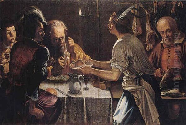 Interior With Various Figures At A Meal By Candlelight Oil Painting by Michaelangelo Merisi Da Caravaggio