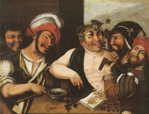 Bacchus With Merrymakers In An Interior Oil Painting by Michaelangelo Merisi Da Caravaggio