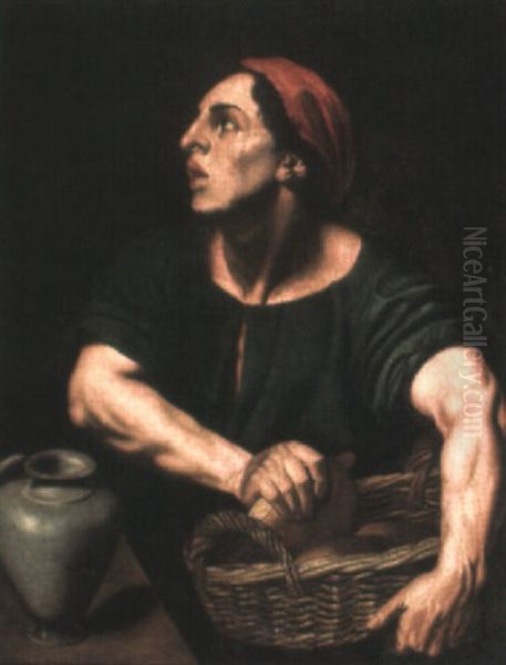 A Man Holding A Basket Of Bread, A Water Urn Beside Him Oil Painting by Michaelangelo Merisi Da Caravaggio