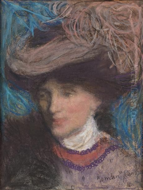 Portrait De Femme Au Chapeau Oil Painting by Edmond-Francois Aman-Jean