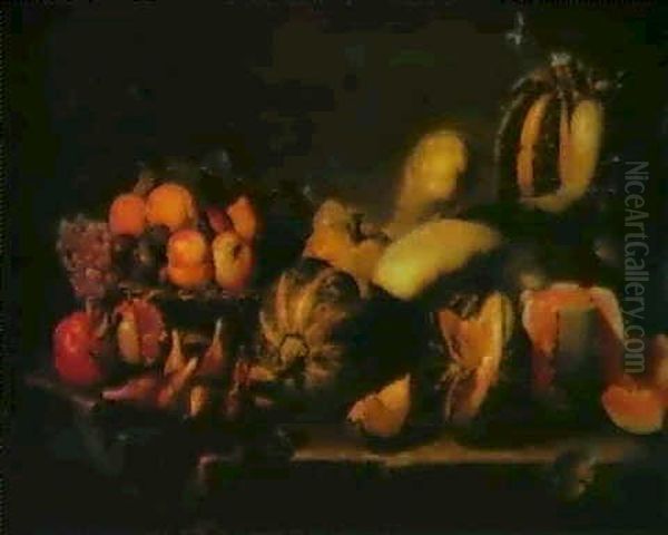 Naturaleza Muerta Con Canastilla De Frutas, Melones Y       Calabazas Sobre Un Plinto De Piedra Oil Painting by Michaelangelo Merisi Da Caravaggio