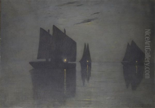 Pesca Notturna Olio Su Tela (cm 101x142) Firmato In Basso A Destra In Cornice Oil Painting by Filippo Carcano