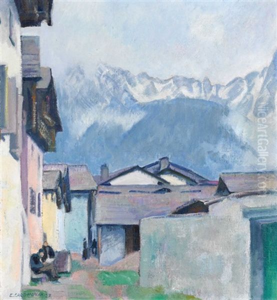 Engadiner Dorfansicht Mit Bergpanorama Oil Painting by Emil Cardinaux