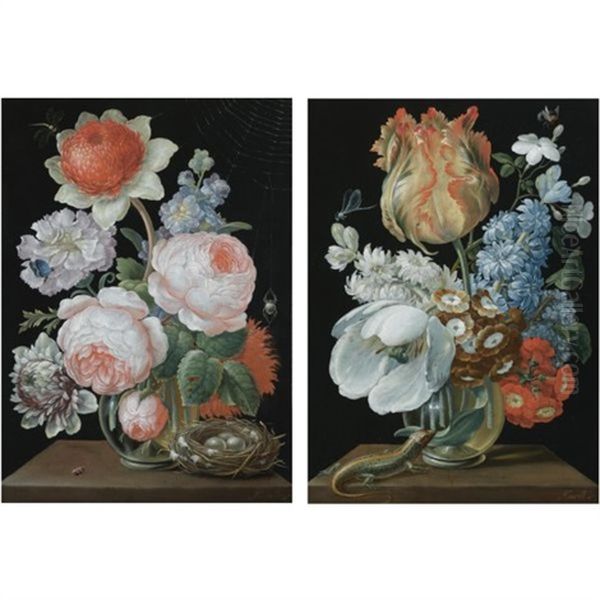 Still Life With Tulips, Hyacinths, Jasmine, Auriculas And Other Flowers In A Glass Vase On A Ledge, Together With A Lizard, A Damsel Fly And A Bumblebee (+ Still Life With Roses, Anemones And Other Fl Oil Painting by Johann Careel
