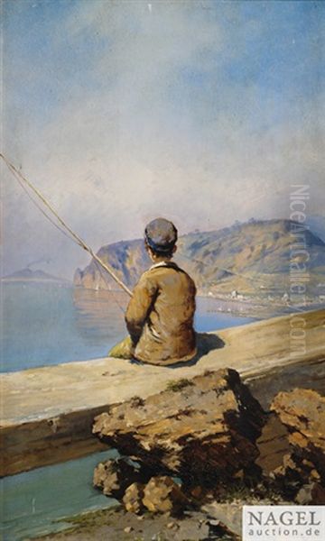 Junger Fischer Beim Angeln An Der Kuste Von Sorrent Oil Painting by Giuseppe Carelli
