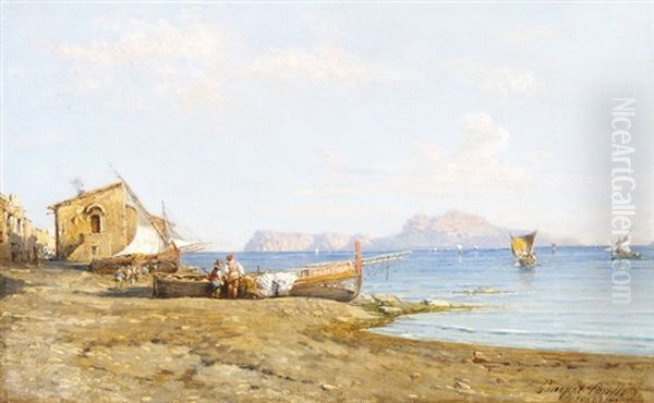 Sudliche Meereslandschaft Mit Fischern Und Booten Am Ufer Oil Painting by Giuseppe Carelli