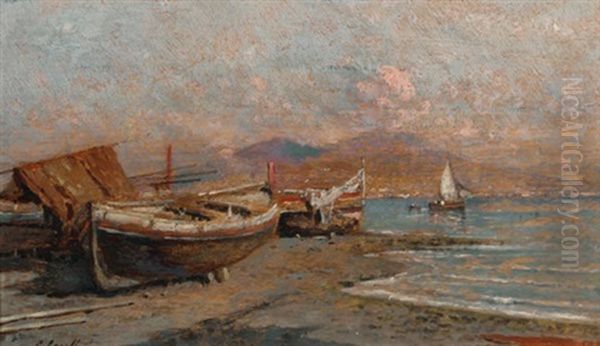 Boats On A Coast (+ Docks Along A Coast; Pair) Oil Painting by Giuseppe Carelli
