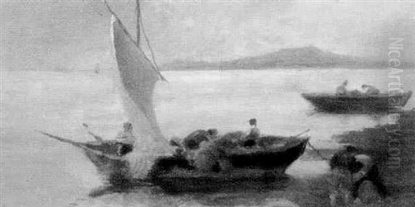 Fischer Mit Ihren Booten In Der Bucht Von Neapel Oil Painting by Vittore Antonio Cargnel