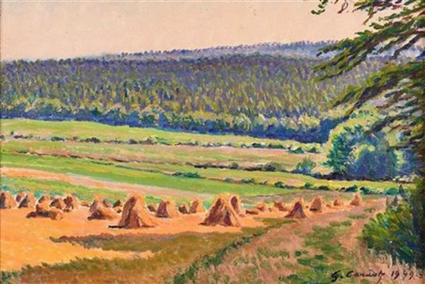 Landscape With Haystacks And Forest Oil Painting by Gustave Cariot