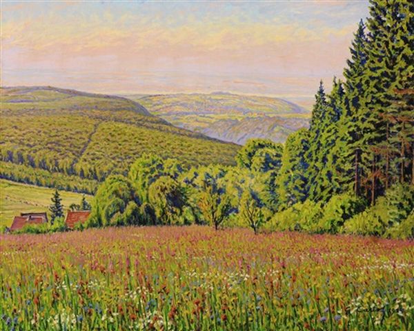 Paysage De Rhenanie Aux Champs Fleuris Oil Painting by Gustave Cariot