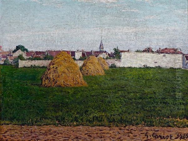 Meules Devant Le Village Oil Painting by Gustave Cariot