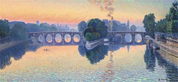 La Seine A Paris, Soleil Levant Sur Le Pont-neuf Oil Painting by Gustave Cariot