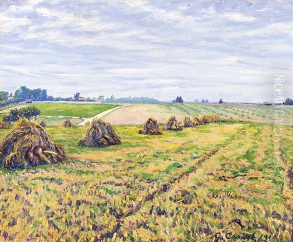Champ Avec Gerbes De Paille A L'automne Oil Painting by Gustave Cariot