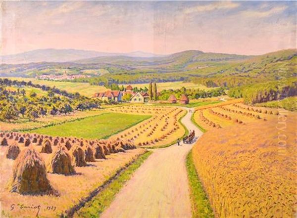 Landscape With Sheaves Of Wheat, 1927 Oil Painting by Gustave Cariot