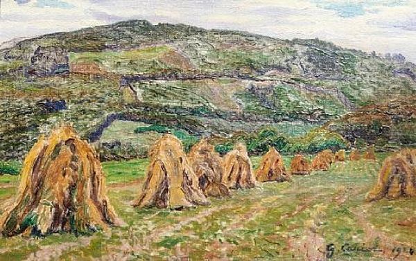 Landscape With Haystacks, Moissoon, France Oil Painting by Gustave Cariot