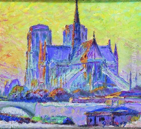 Paris, Notre-dame, Vue Du Port Aux Vins, Vers 5 Heures Du Soir, Soleil Couchant, Automne Oil Painting by Gustave Cariot