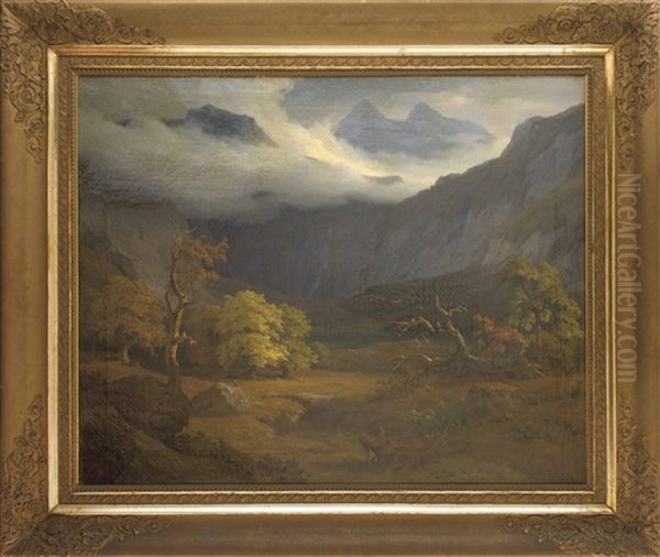 Hochalpental In Herbstlicher Stimmung Mit Blick Auf Den Nebelverhangenen Watzmann Oil Painting by Adolf Carl