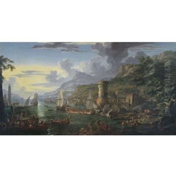 A Mediterranean Port At Sunset With Moored Battleships, Figures Unloading Their Wares From Various Boats And Bathers On A Bank Oil Painting by Luca Carlevarijs