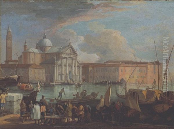 San Giorgio Maggiore, Venise, With A Fish Market Oil Painting by Luca Carlevarijs