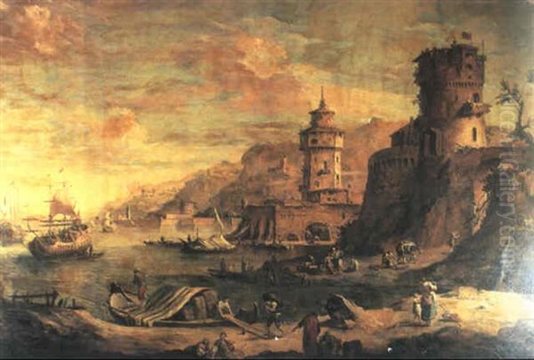 Port Mediterraneen Anime De Marchands Et De Promeneurs Oil Painting by Luca Carlevarijs