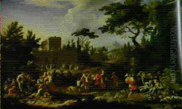 La Primavera (l'arrivo In Villa) & L'estate     (sosta Durante La Mietitura) Oil Painting by Luca Carlevarijs