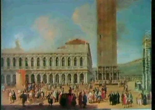 The Piazzetta And The Piazza San Marco, Venice, From The    Porta Della Carta, With The Libreria, The Campanile & More Oil Painting by Luca Carlevarijs