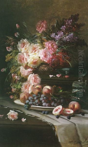 A Still Life With Roses And Other Flowers In An Urn And Peaches And Grapes In A Dish On A Tabletop Oil Painting by Max Carlier
