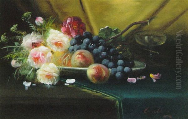 Grapes And Roses In A Dish On A Draped Table Oil Painting by Max Carlier