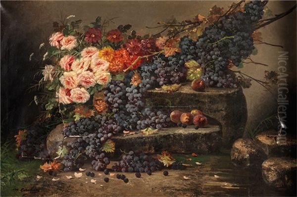 Nature Morte De Fleurs Et De Raisins Sur Un Entablement Oil Painting by Modeste Carlier