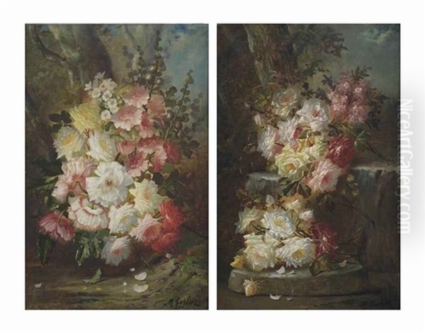 A Spring Bouquet With Roses And Hollyhocks; And A Colourful Bouquet Of Roses On A Forest Floor Oil Painting by Modeste Carlier