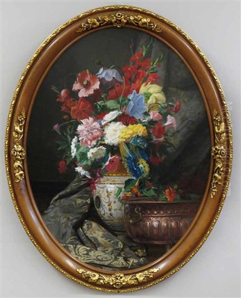 Still-life With Peonies, Gladiolas, Carnations And Poppies In A Faience Vase Oil Painting by Modeste Carlier