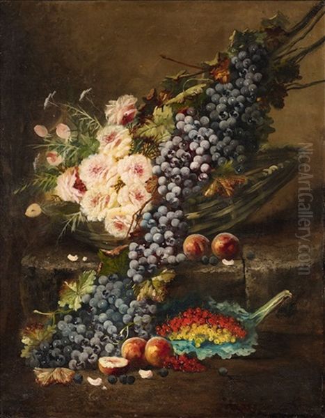 Still Life With Roses And Grapes In A Basket Oil Painting by Modeste Carlier