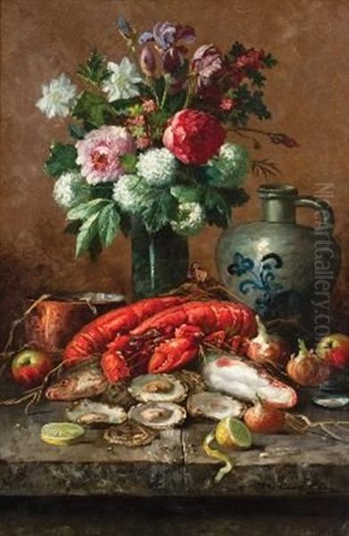 Still Life With Crayfish And Oysters Oil Painting by Modeste Carlier