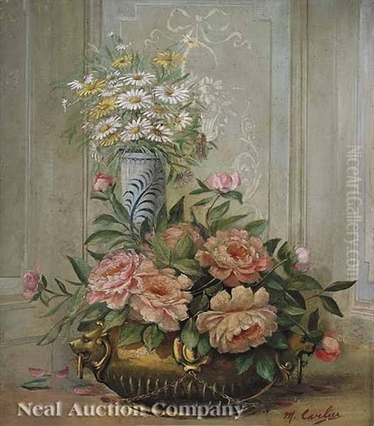 Still Life Of Daisies And Roses Oil Painting by Modeste Carlier