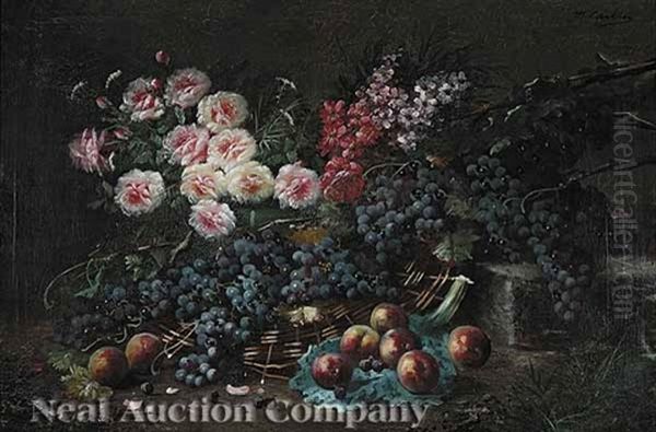 Still Life With Pink Peonies And Grapes Oil Painting by Modeste Carlier