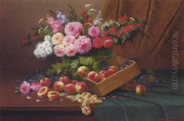 Summer Flowers With A Box Of Peaches And Grapes On A Draped Table Oil Painting by Modeste Carlier