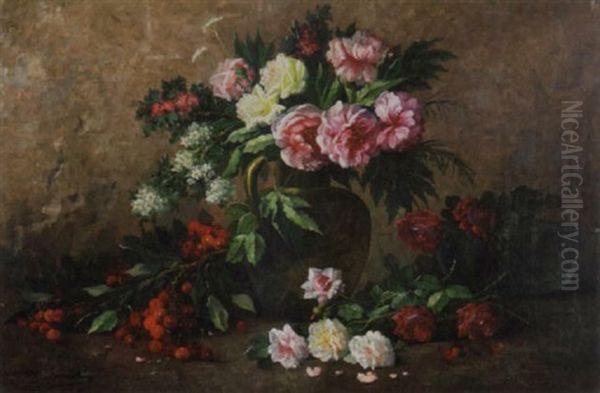 A Still Life With Roses And Cherries Oil Painting by Modeste Carlier