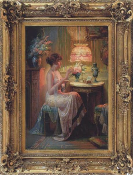 Aftonkladd Dam I Rumsinterior Oil Painting by Modeste Carlier