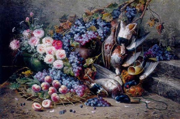 Roses, Peaches, Grapes And Game Oil Painting by Modeste Carlier