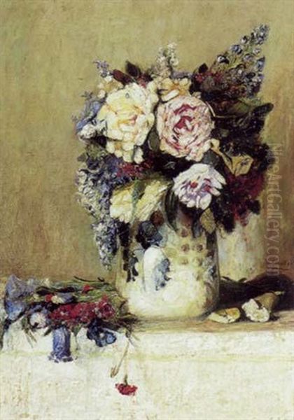 Opstilling Med Broget Buket I En Vase Oil Painting by Modeste Carlier