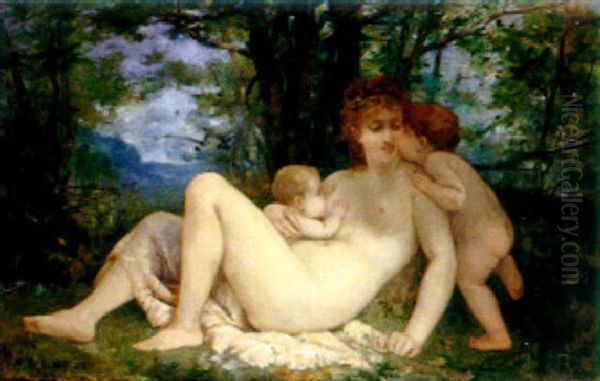 A Mother And Her Two Young Sons Oil Painting by Modeste Carlier