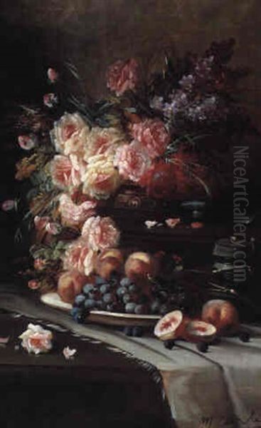 Still Life With Flowers And Fruit On A Table Oil Painting by Modeste Carlier